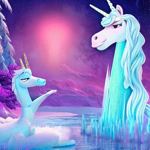 Prompt: elsa frozen leading a unicorn to a river synthwave colors highly detailed mystical absurd