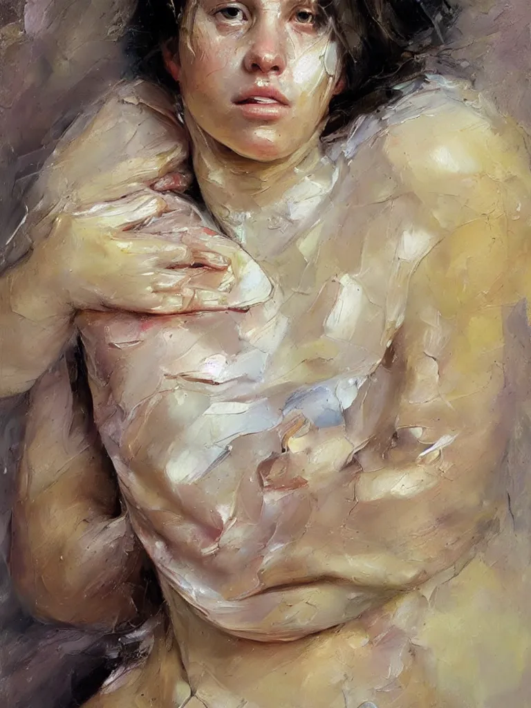 Prompt: highly detailed palette knife oil painting of a young woman by Jenny Saville, impressionistic brush strokes, painterly brushwork