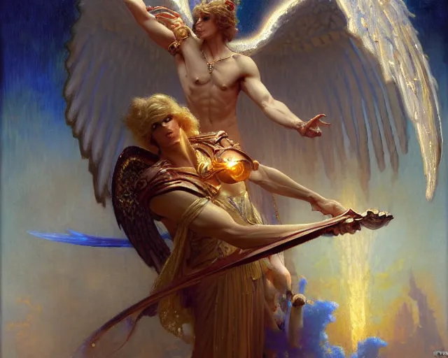 Image similar to attractive angel male deity, casting magic, summoning handsome lucifer morning star. highly detailed painting by gaston bussiere, craig mullins, j. c. leyendecker 8 k