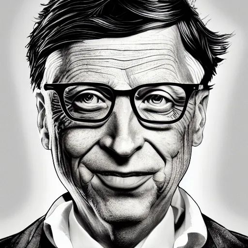 Image similar to bill gates full body portrait, piles of syringes behind him, body horror, black and white illustration by junji ito and francis bacon, hunter s thompson feeling of grimdark, sharp focus, fiction, hyper detailed, digital art, trending in artstation, cinematic lighting, studio quality, smooth render, unreal engine 5