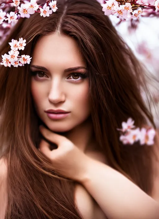 Prompt: a gorgeous female with long brown hair, photo by oliver valsecchi, realistic, face by wsop, half body shot, wide angle, sharp focus, 8 k high definition, insanely detailed, intricate, elegant, cherry blossoms