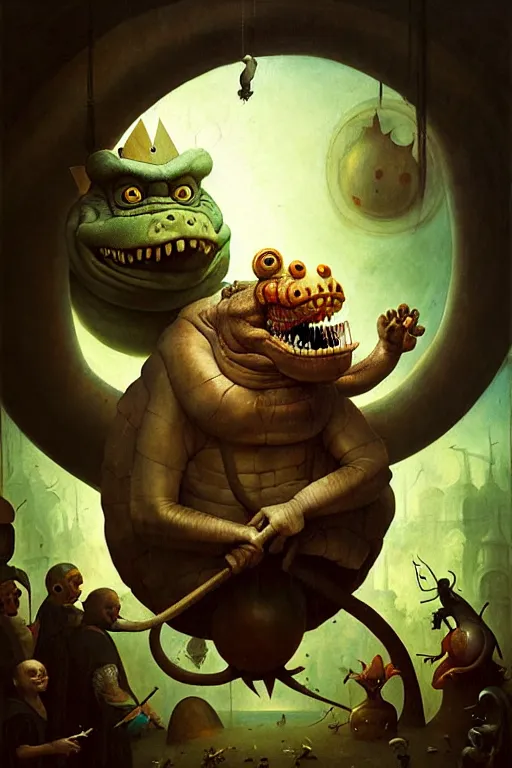 Image similar to hieronymus bosch, greg rutkowski, anna podedworna, painting of king k rool's floating head with huge buff arms growing out of it