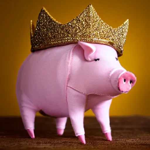 Prompt: pig wearing a gold crown depicted as a sock puppet 8k