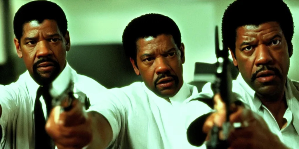 Image similar to Denzel Washington as Jules Winnfield in 'Pulp Fiction 2: The Enemy Within' (2004), movie still frame