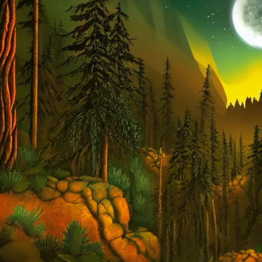 Prompt: forest and mountains, night, video game background, platformer