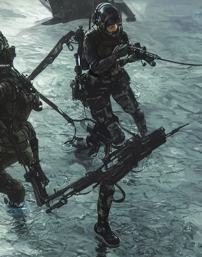 Image similar to Selina. USN blackops operator emerging from water at the shoreline. Operator wearing Futuristic cyberpunk tactical wetsuit and looking at an abandoned shipyard. Frogtrooper. rb6s, MGS, and splinter cell Concept art by James Gurney, greg rutkowski, and Alphonso Mucha. Vivid color scheme.