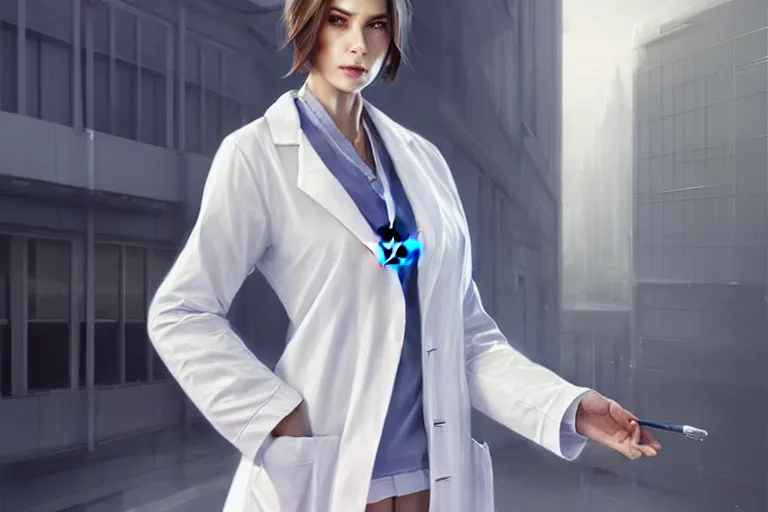 Image similar to an elegant and beautiful female doctor in a white coat in front of a hospital building, cinematic, highly detailed, digital painting, artstation, concept art, matte, sharp focus, illustration, art by artgerm and greg rutkowski