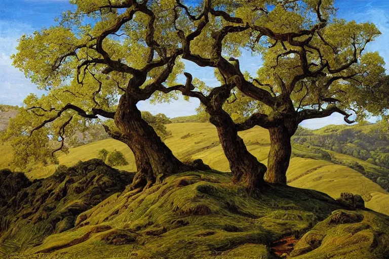 Prompt: masterpiece painting of oak trees on a hillside overlooking a creek, by peter alexander hay peter bagge peter basch peter benjamin graham peter birmann peter blume peter brandes peter brook peter churcher peter doig peter elson peter fiore peter gric peter helck