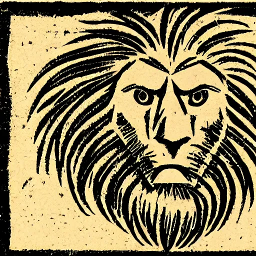 Image similar to woodcut image of a part man part lion