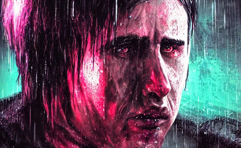 Image similar to an epic fantasy comic book style portrait painting of a very imposing cybergoth trent reznor in the rain, wet hair, neon reflections, character design by mark ryden and pixar and hayao miyazaki, unreal 5, daz, hyperrealistic, octane render, cosplay, rpg portrait, dynamic lighting, intricate detail, cinematic