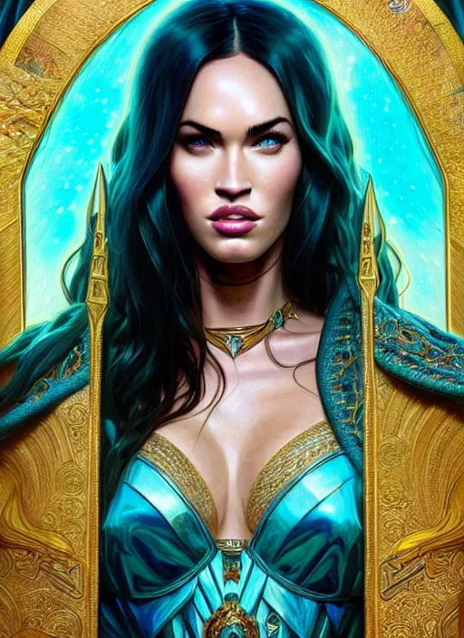 Prompt: portrait of megan fox as a queen, throne, jewelry, greek, turquoise, intricate, headshot, highly detailed, digital painting, artstation, concept art, sharp focus, cinematic lighting, illustration, art by artgerm and greg rutkowski, alphonse mucha, cgsociety