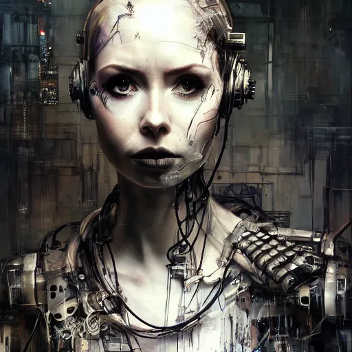 Image similar to karen gillan as a cybernetic hunter, cyberpunk, wires, skulls, machines by emil melmoth zdzislaw belsinki craig mullins yoji shinkawa realistic render ominous detailed photo atmospheric by jeremy mann and agnes cecile ink drips paint smears digital glitches glitchart