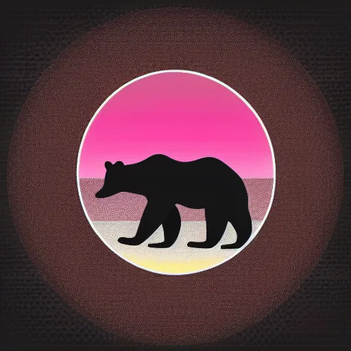 Image similar to very very very stylized minimal vector graphic of bear, hills and sunset!!, white background, all enclosed in a circle, dramatic, professional minimal graphic design cartoon
