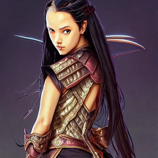 Image similar to Portrait of teenage sorceress Azula wearing skintight black leather armor, Avatar the Last Airbender, Dungeons and Dragons, Lord of the Rings, intricate, elegant, highly detailed, digital painting, artstation, concept art, smooth, sharp focus, illustration, art by artgerm and greg rutkowski and alphonse mucha and andrei riabovitchev