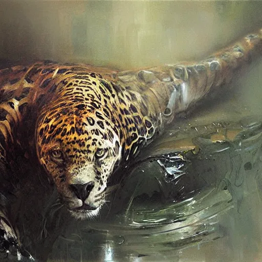 Image similar to jaguar and crocodile morphed together, hybrid mutant animal, jeremy mann painting