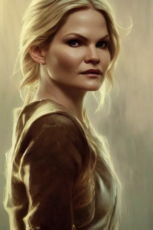 Image similar to painting of jennifer morrison,, ultra realistic, sharp details, subsurface scattering, intricate details, warm lighting, beautiful features, highly detailed, photorealistic, octane render, 8 k, unreal engine, art by artgerm and greg rutkowski and alphonse mucha