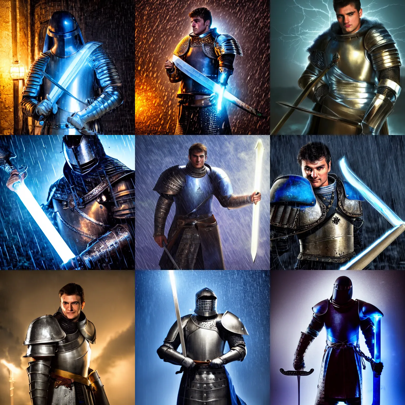 Prompt: ultra realistic garen character as a medieval knight staying in the rain with sword that glows with blue electricity shot from professional camera, rim light, rainy weather, vivid lights night time, dark mood