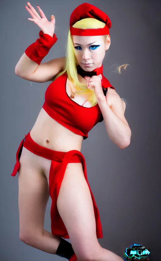 Image similar to cosplaying as cammy from street fighter, professional photo, trending on deviantart