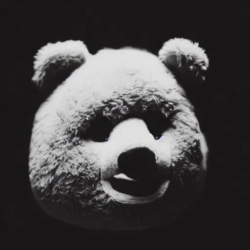 Prompt: a ( ( chiaroscuro lighting portrait ) ) of kanye west dressed as teddy bear mascot, ( ( black background ) ), portrait by julia margaret cameron, shallow depth of field, 8 0 mm, f 1. 8