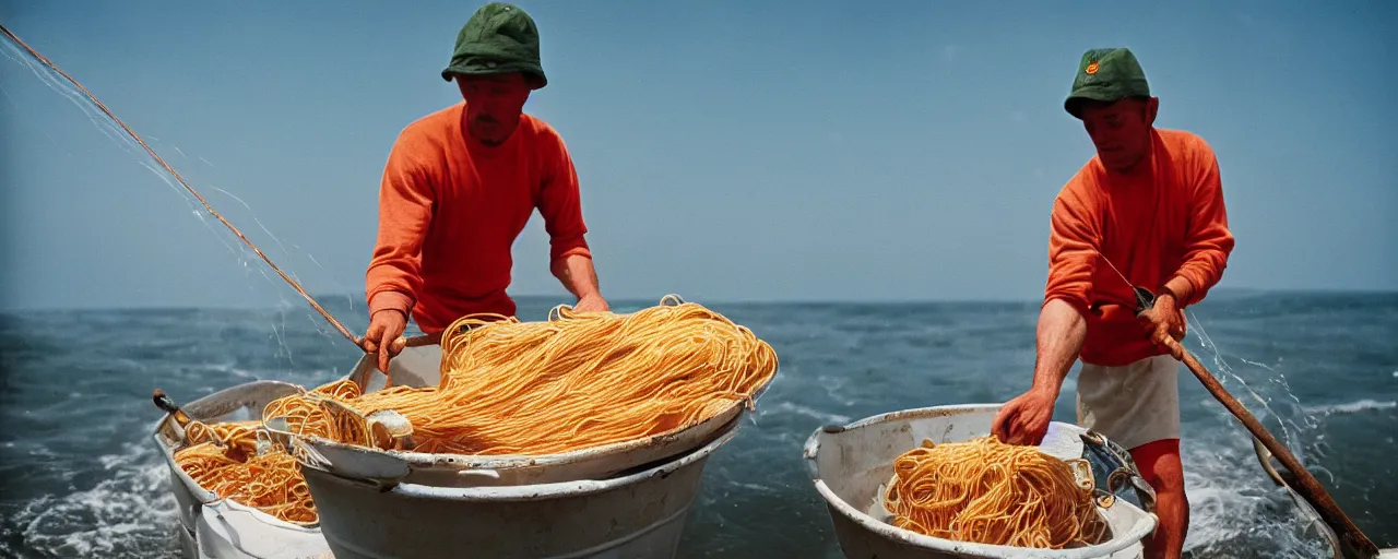 Prompt: fisherman pulling up a fresh catch of spaghetti from the ocean, canon 5 0 mm, cinematic lighting, photography, wes anderson, film, kodachrome