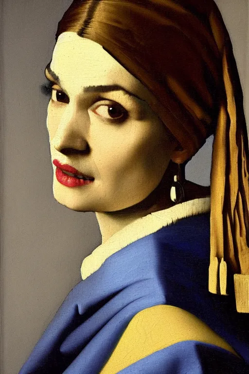 Image similar to johannes vermeer portrait of rachel weisz, beautiful oil portrait painting, wonderful masterpiece highly detailed, smooth, sharp focus, dramatic illumination, ultra realistic