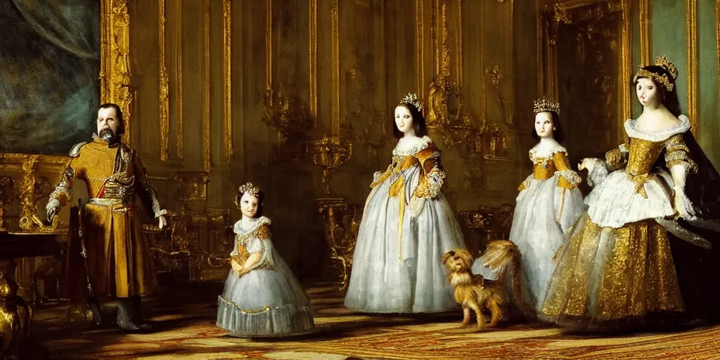 Image similar to A Spanish King with his queen and young daughter, inside the morning room of their palace. The little girl golds a Yorkshire Terrier, very detailed, intricate, smooth, 8 k masterpiece, as painted by Goya