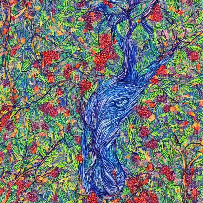 Image similar to human with the sea and the forest inside, veins diverge through the body like rivers filmed on a satellite, a person is decorated with wild berries, a beautiful bird is looking at him next, colorful picture