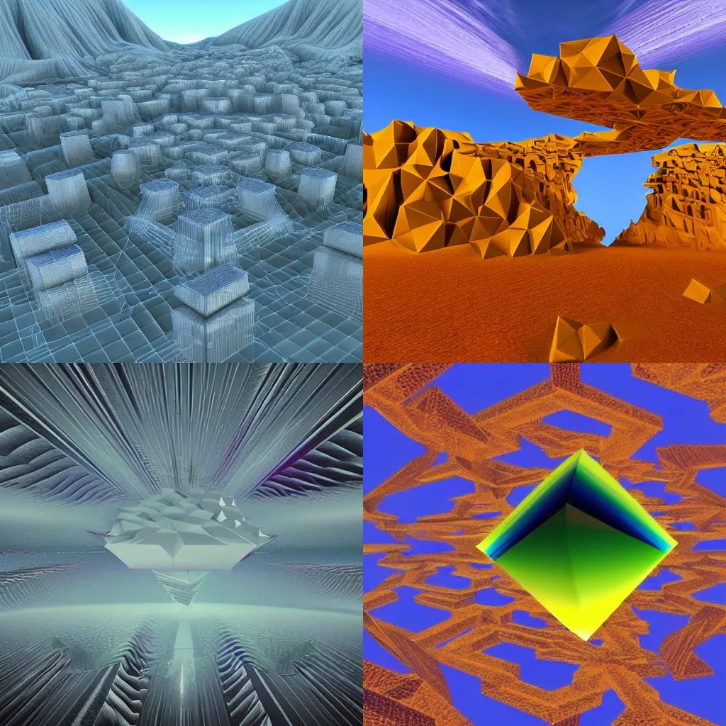 Prompt: abstract geometric surreal landscape, created with Bryce3D in 1996, scifi octahedrons floating in the air, 3d digtal rendering