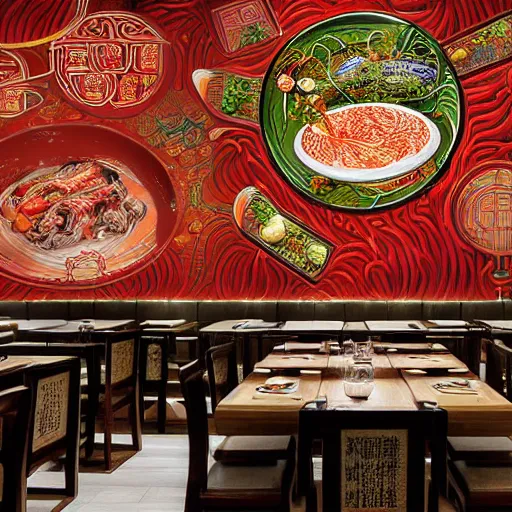 Image similar to a beautiful hyperdetailed 4 k hd wallpaper illustration interior of roasted string hotpot restaurant restaurant yan'an, wall painting, from china, with merchant logo, fine delicate structure, chinese style, victo ngai