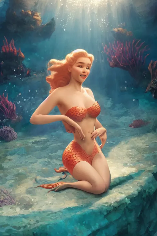 Image similar to Emilia Clarke as the little mermaid underwater by Gil Elvgren Stanley Artgerm Lau, WLOP, James Jean, Andrei Riabovitchev, Marc Simonetti, Yoshitaka Amano, ArtStation, CGSociety, hair floating covering chest, bubbles vfx, cinematic lighting, god ray, starlit shining eyes