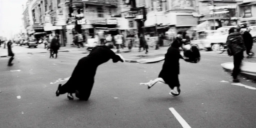 Prompt: a woman attacking a man in the middle of the street in the 1950's, hysteria, candid photo, black and white, film, low shutter speed