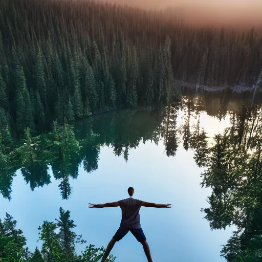 Image similar to meditating man hovering above a clear blue lake in a clearing in the middle of an evergreen forest at dawn