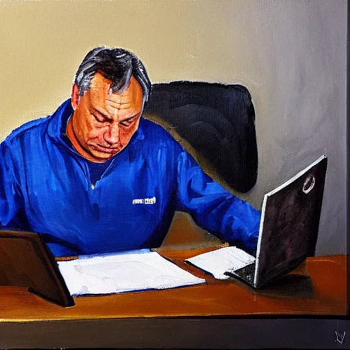 Prompt: viktor orban programming on a computer in a cubicle, oil painting