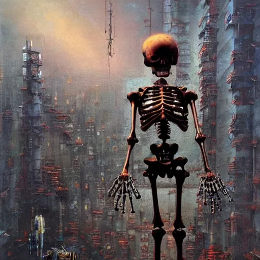 Prompt: cyborg skeleton robot, sharp boney angles, wires and lights exposed, skeleton has guns for hands, detailed cyberpunk city in background, beksinski style oil pairing on canvas, highly detailed