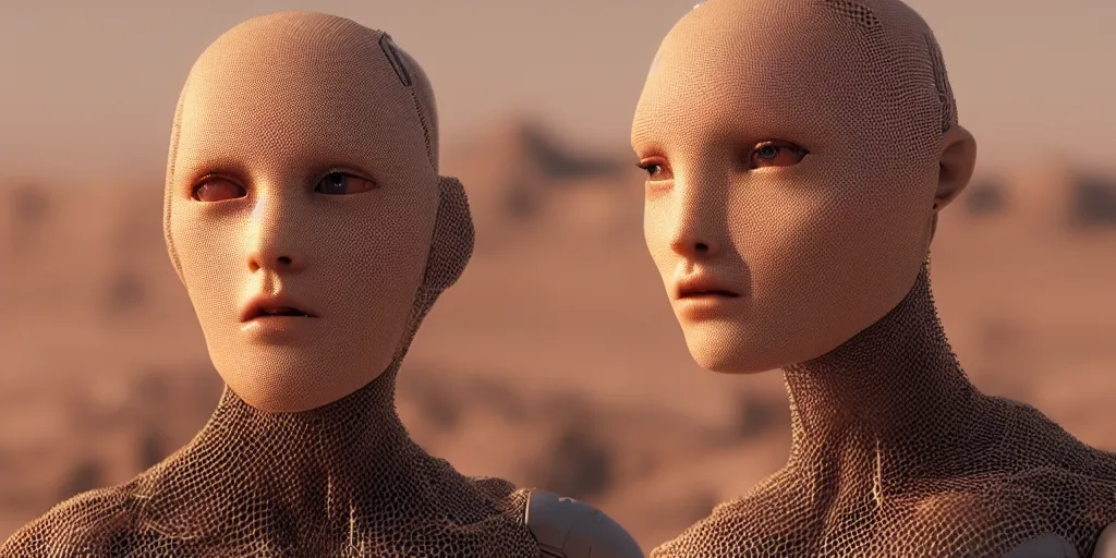 Image similar to realistic humanoid robot, mesh, skin, facial features, close up, desert background, shot by denis villeneuve, blade runner 2049 style, cinematic lighting