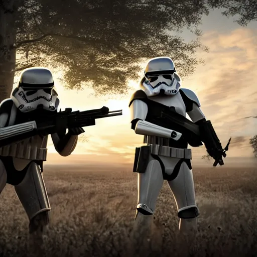 Prompt: A realistic photo with a mixture of Stormtrooper and american soldier, hyper-realistic, 8K HDR, sunset