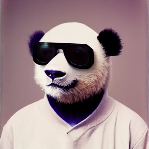 Image similar to grainy head to shoulder portrait polaroid film photograph of a panda in a mall wearing aviator shades. super resolution. surreal. extremely detailed. polaroid 6 0 0 film. by annie leibovitz and richard avedon