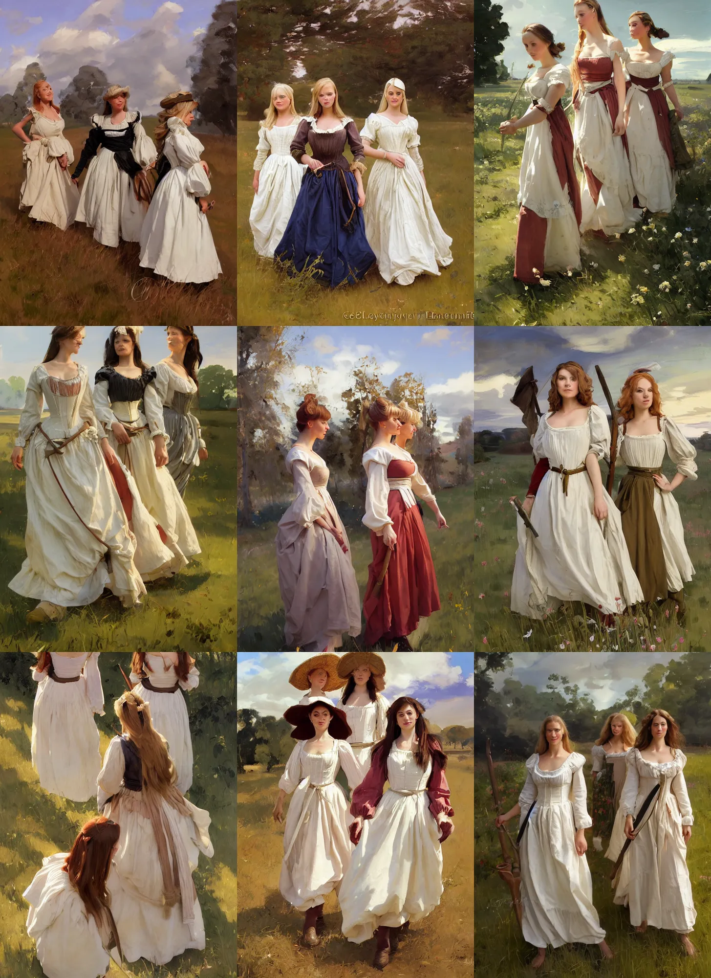 Prompt: three finnish norwegian swedish scandinavian attractive glamour models wearing as village maidens in 1 7 th century bodice with low neckline walking in the feild in a sunny day, jodhpurs greg manchess painting by sargent and leyendecker, studio ghibli fantasy medium shot asymmetrical intricate elegant matte painting illustration hearthstone, by greg rutkowski by greg tocchini by james gilleard