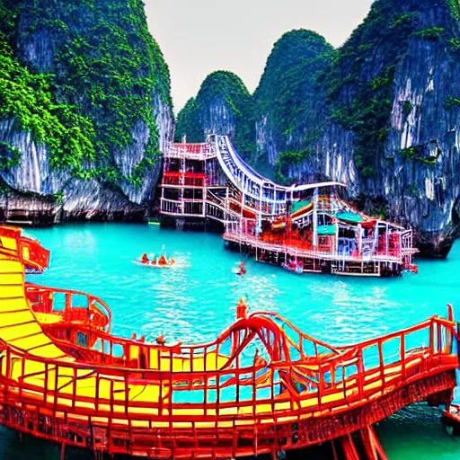 Image similar to halong bay vietnam waterpark with waterslides, digital art, cinematic lighting, epic composition, highly detailed