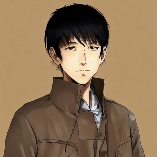 Image similar to anime portrait of a man by shin'ichiro watanabe, he is about 3 0 years old, short black hair with bangs, his features are a mix between french, turkish and russian and he is wearing a beige and black utility jumpsuit, highly detailed portrait, digital painting, artstation, concept art, smooth, sharp foccus ilustration, artstation hq