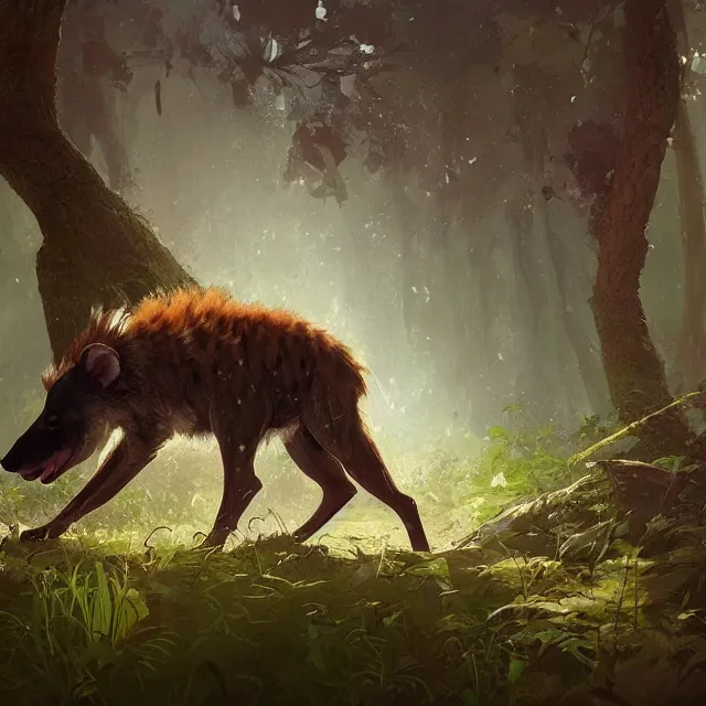 Prompt: a beautiful painting of a cute brown hyena in a forest. disney character design by cory loftis, fenghua zhong, ryohei hase, ismail inceoglu and ruan jia. artstation, volumetric light, detailed, photorealistic, rendered in octane