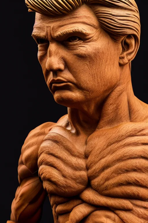 Prompt: detailed photo of donald trump warrior wood statue, full body pose, various seducing poses, photorealism, intricate detail, a few light reflexions, museum diffuse lighting