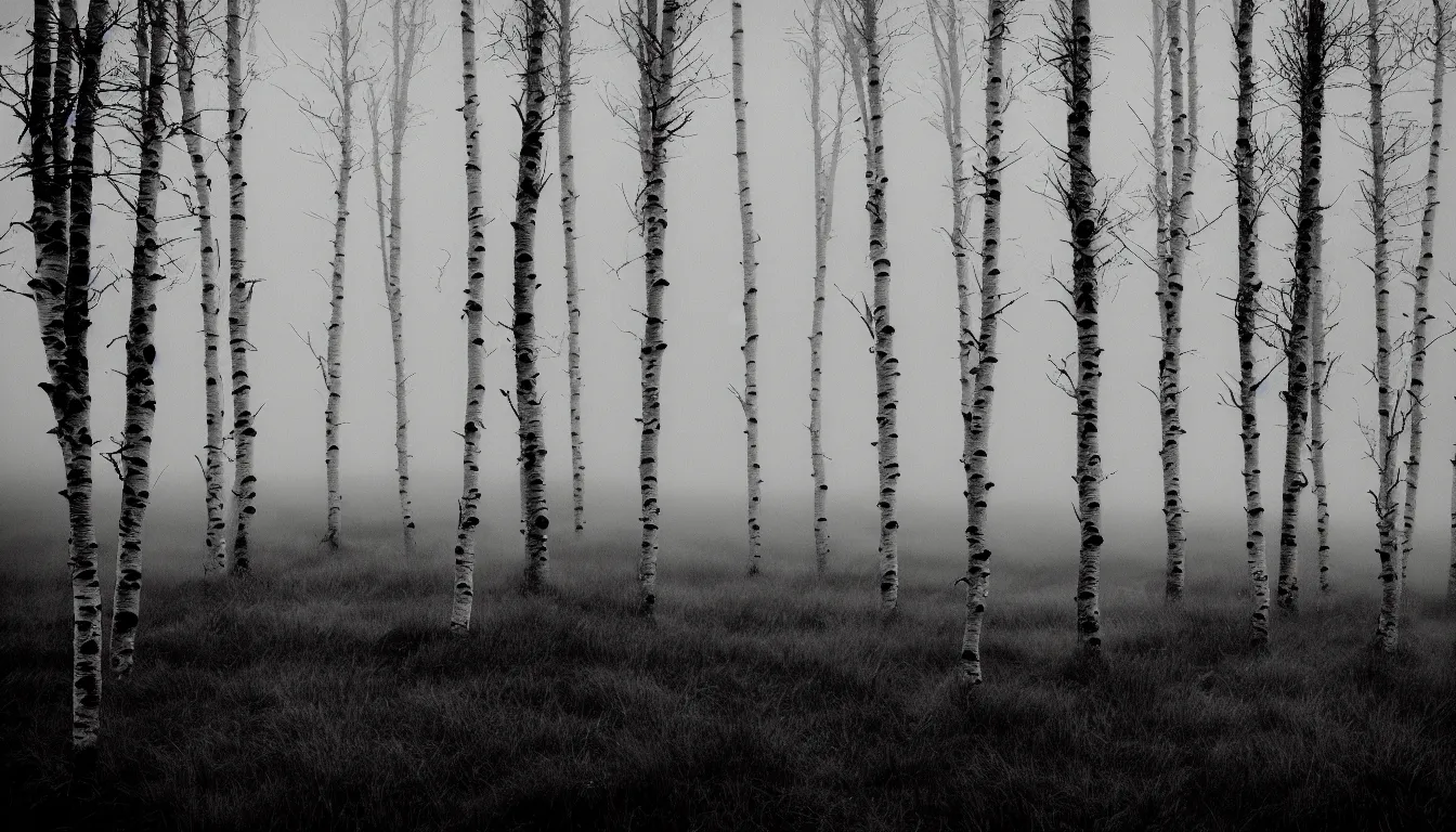 Prompt: highlands curvy horizon birches grassy foggy flooded swamp dark atmospheric scary ambient vibe very detailed black and white