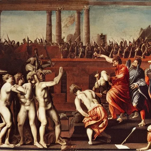 Prompt: the assassination of julius caesar, highly detailed beksinki art painting