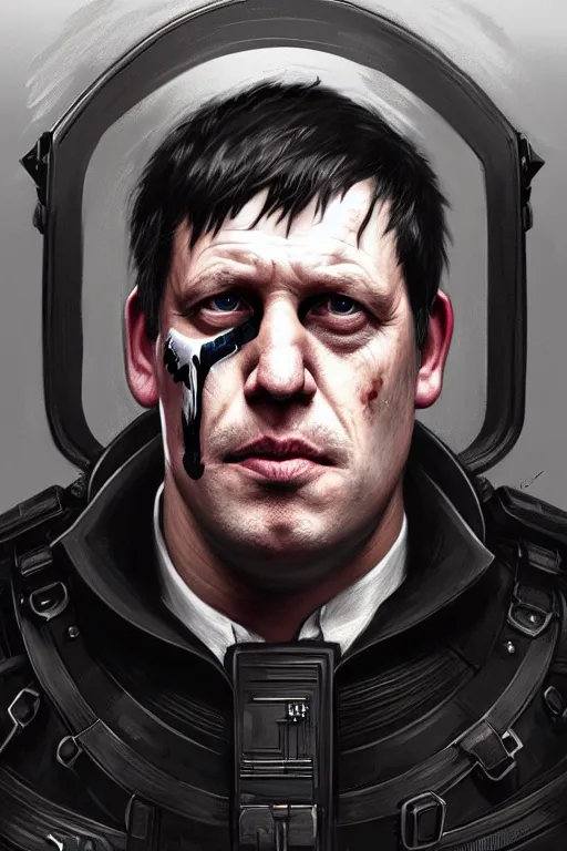 Image similar to Boris Johnson as Punisher, bulletproof vest, realistic portrait, symmetrical, highly detailed, digital painting, artstation, concept art, smooth, sharp focus, illustration, cinematic lighting, art by artgerm and greg rutkowski and alphonse mucha