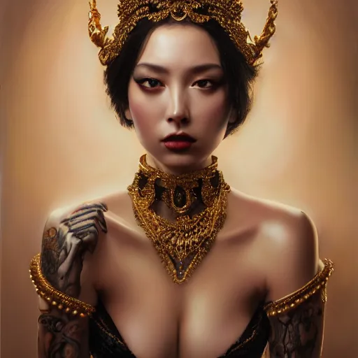 Prompt: expressive oil painting, of alluring european princess, seductive look, smooth glowing skin, glistening body, love, adoration, flushed, ornate headpiece of black beads, necklace, choker, glamour shot, tattoos, by yoshitaka amano, by greg rutkowski, by jeremyg lipkinng, by artgerm, digital art, octane render
