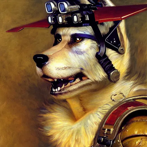 Image similar to a portrait of a wolf dogman canine star pilot. highly detailed painting by gaston bussiere, craig mullins, j. c. leyendecker, furry