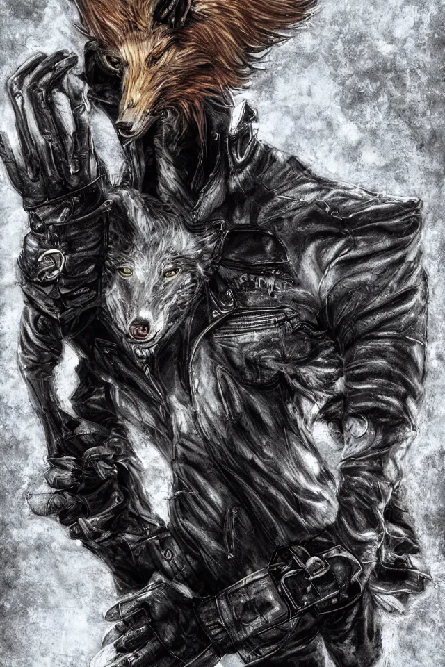 Image similar to A wolf with a small head wearing a leather jacket and leather jeans and leather gloves, trending on FurAffinity, energetic, dynamic, digital art, highly detailed, FurAffinity, high quality, digital fantasy art, FurAffinity, favorite, character art