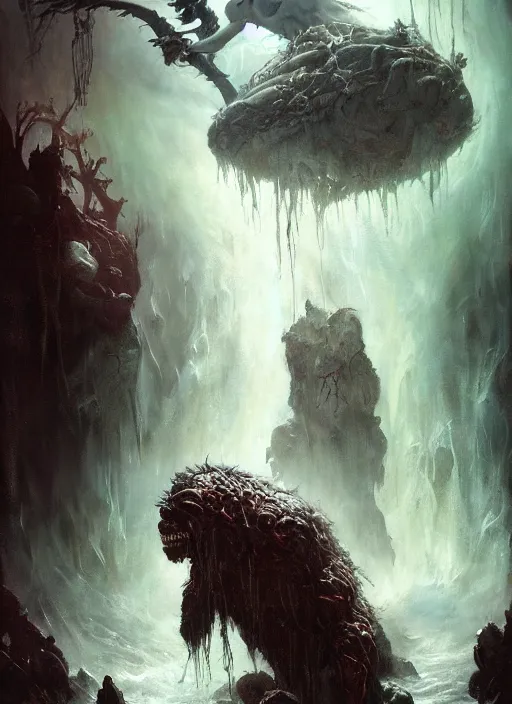 Prompt: shackled in styx river of the underworld, frank frank frazetta and cgsociety, stunning sasquatch, blood splatters, charlie bowater and tom bagshaw, insanely detailed, deviantart, space art, atoms surrounded by skulls, death, and spirits flying, water fall, horror, sci - fi, surrealist painting, by peter mohrbacher