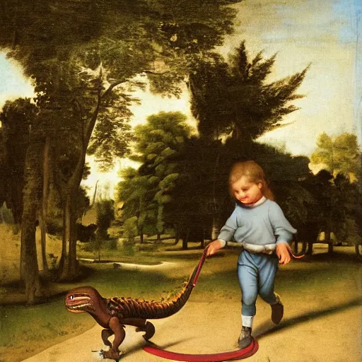 Image similar to a kid at the park walking a velociraptor with a leash, renaissance oil painting